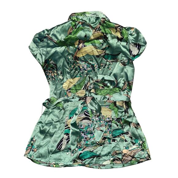 Y2K BCBG Max Azria Blouse Women's Size XS Green Floral Button Front Collared - Picture 5 of 7